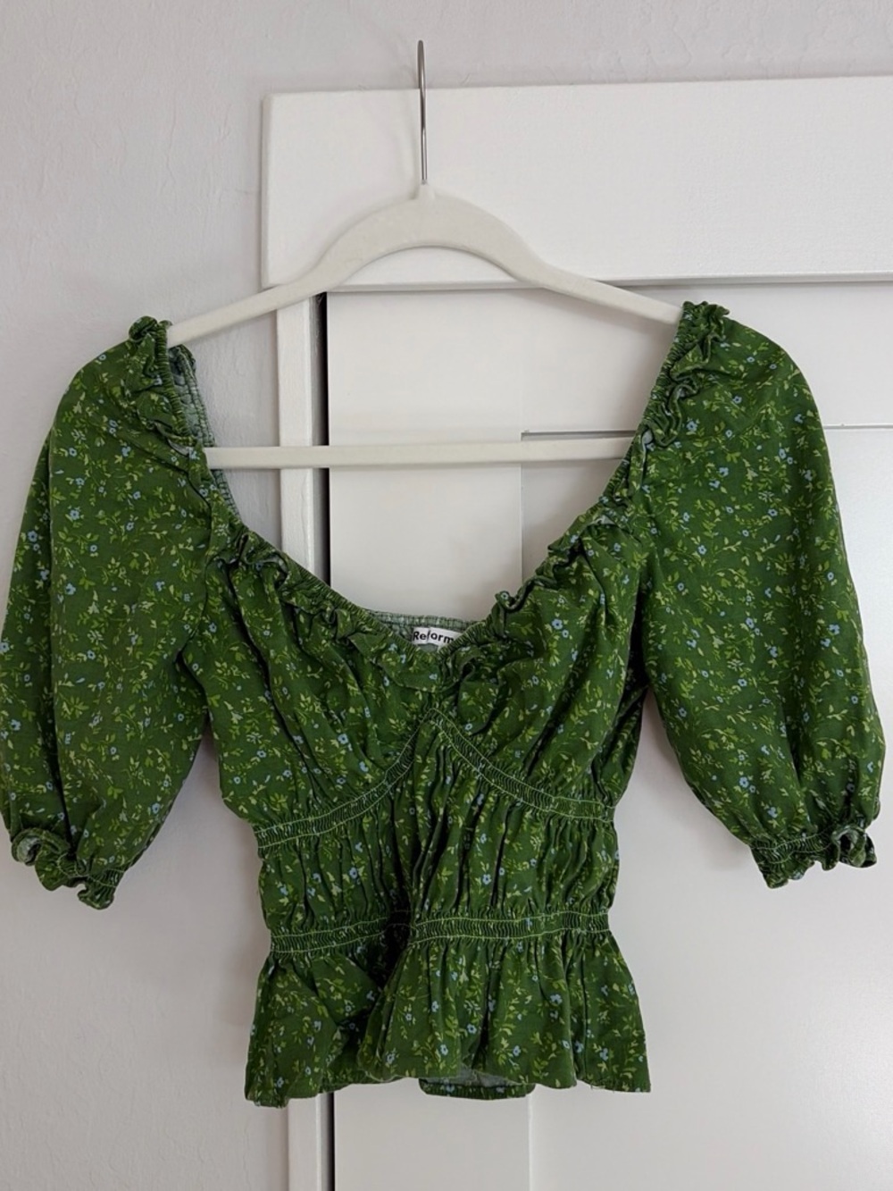 Reformation Emerald Green Floral Puff-Sleeve Crop Top